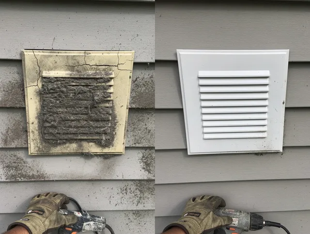Whitman Dryer Vent Cleaning technician installing high-quality dryer vent cover at a residential property in Whitman